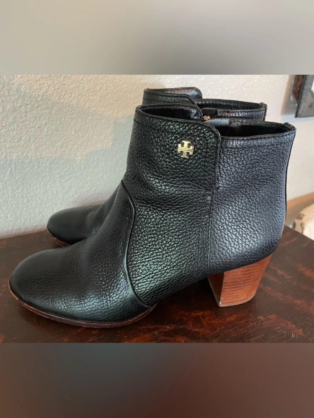 Tory Burch Black Leather Ankle Booties with Wood Heel